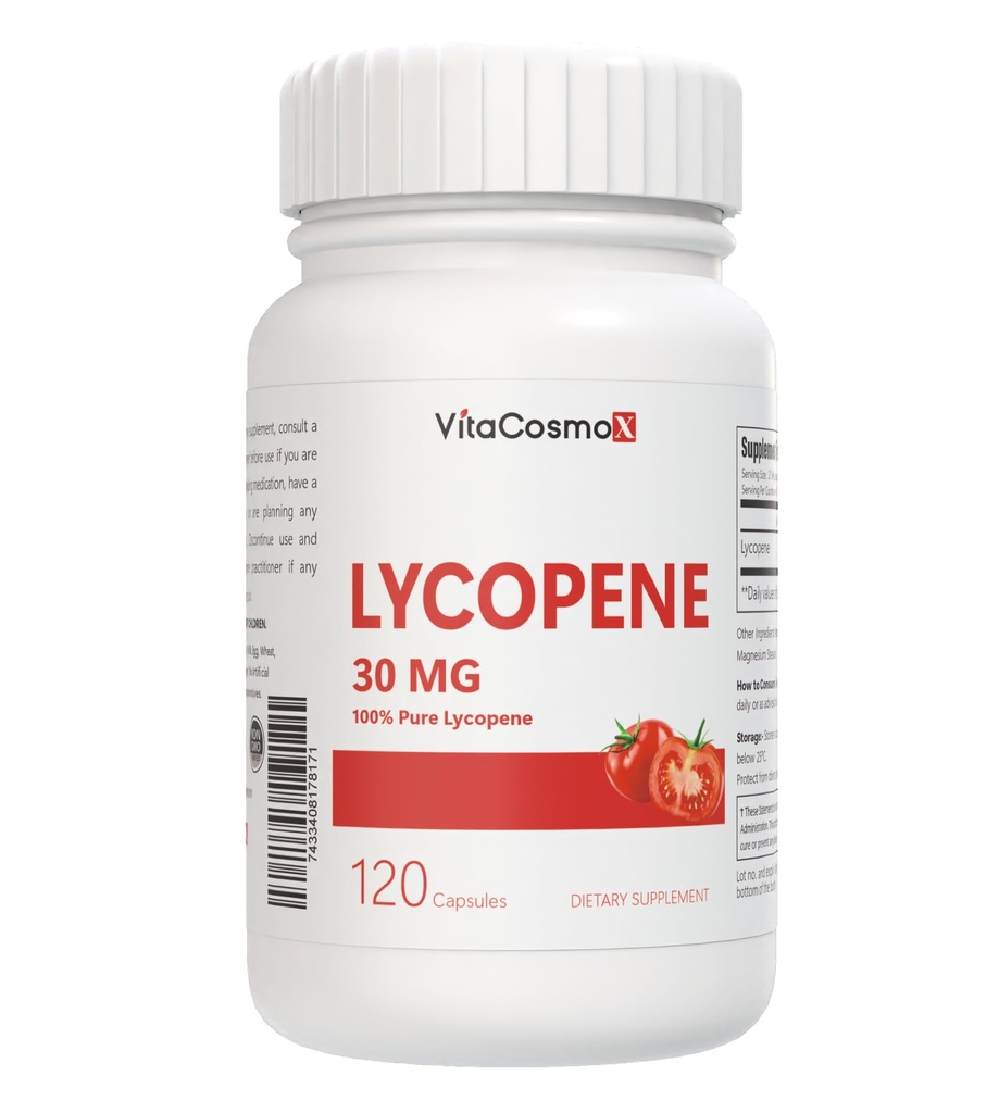 Lycopene Supplement, 30mg, 120 Vegan Capsules - 60 Servings, Gluten Free, Non-GMO, and Vegetarian Friendly