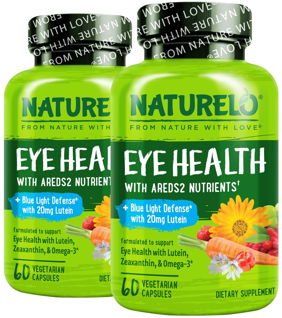 NATURELO Eye Vitamins - AREDS 2 Formula Nutrients with Lutein, Zeaxanthin, Vitamin C, E, Zinc, Plus DHA - Supplement for Dry Eyes, Healthy Vision, Eye Support - 60 Vegan Capsules (Pack of 2)