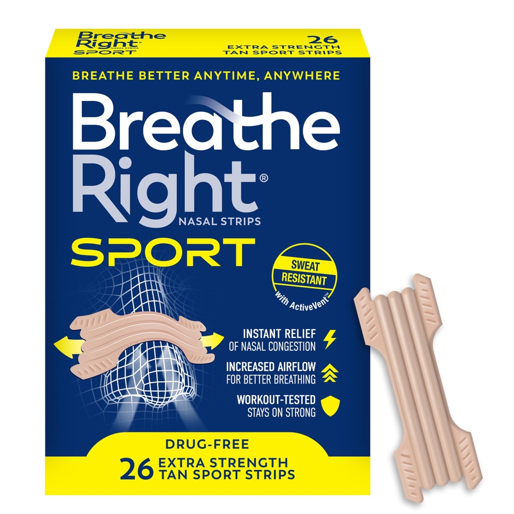 Breathe Right Sport Nasal Strips, Sweat-Resistant w/ActiveVent, Tan 26 ct
