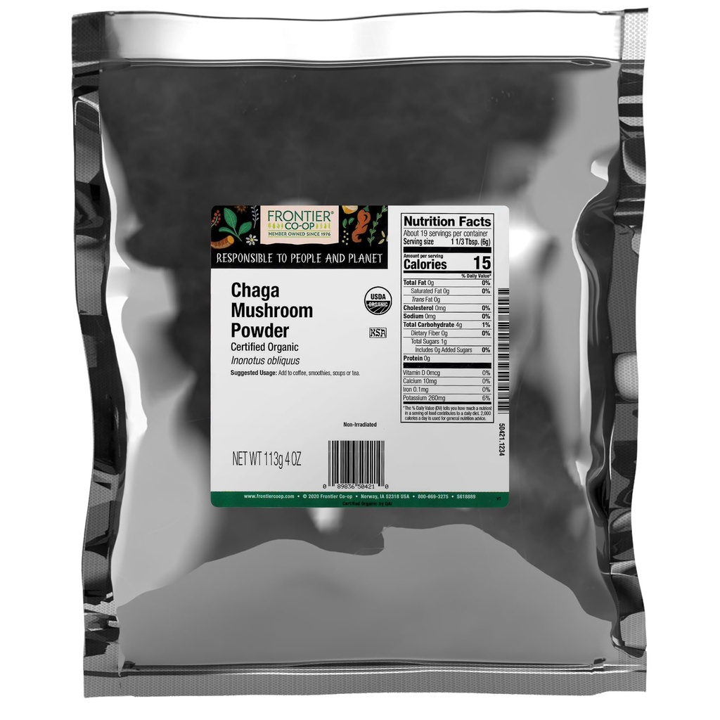 Frontier Co-op Premium Organic Chaga Mushroom Powder - Natural Adaptogenic Functional Mushroom Powder for Coffee, Tea, Smoothies | 4 Ounce (Pack of 1)