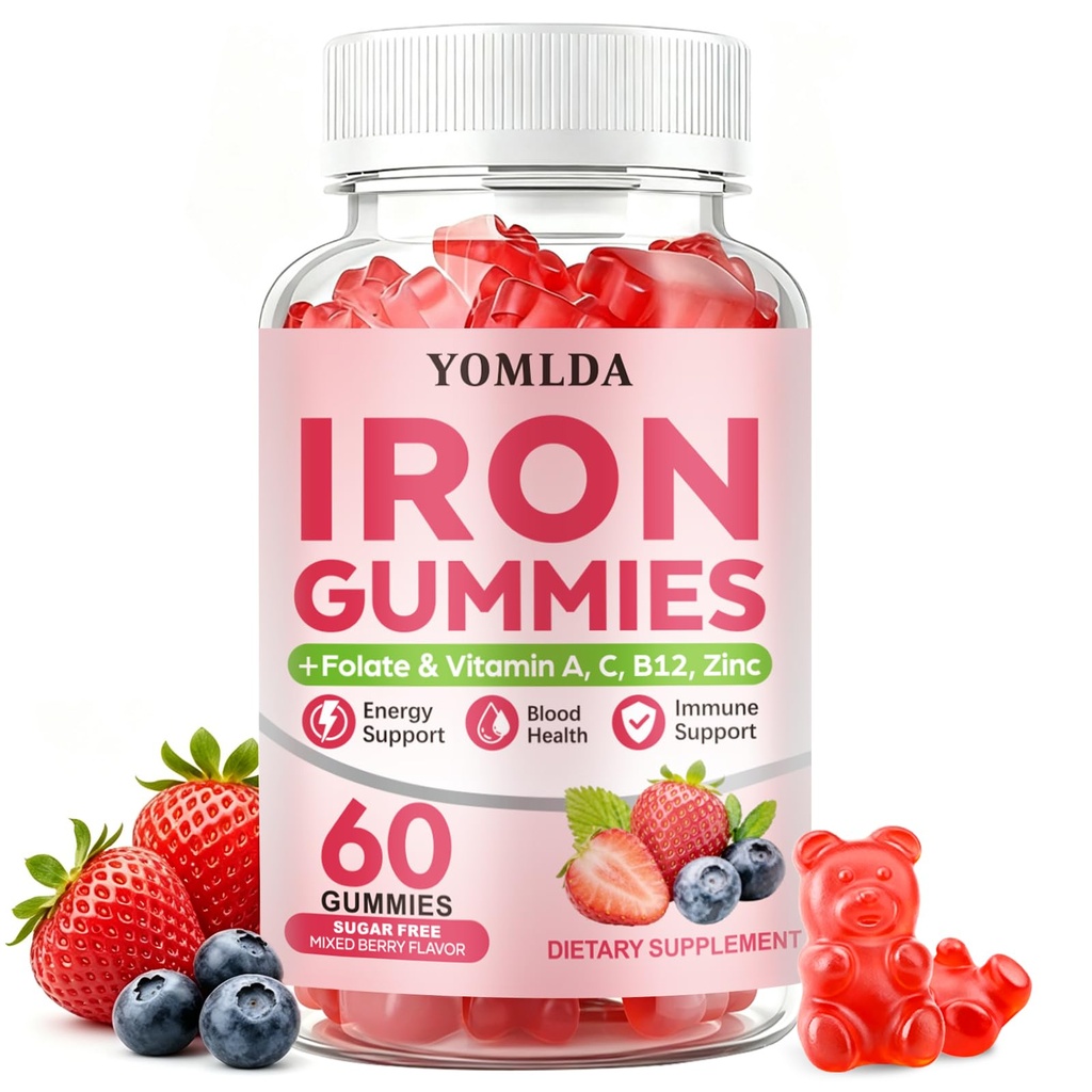 Iron Gummies for Women, Men & Kids - Vegan Sugar-Free Supplement with Vitamin C, A, B-Complex & Folate for Energy, Blood & Immune Support, 60 Gummies