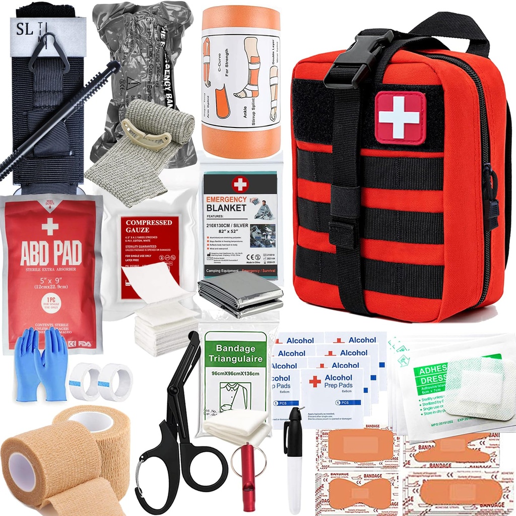 IFAK Trauma kit with Tourniquet | Israeli bandage | Splint | Compressed gauze | bleeding control bandages for Tactical First Aid Kit camping, hunting, hiking (Red)