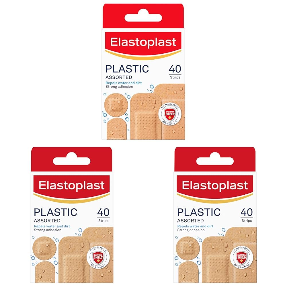 Elastoplast Plastic Water Resistant Plasters - Assorted Sizes (120 Pack) | All-Purpose First Aid Plasters | Protects Against Dirt & Bacteria | Strong Adhesion | Water-Repellent Bandages