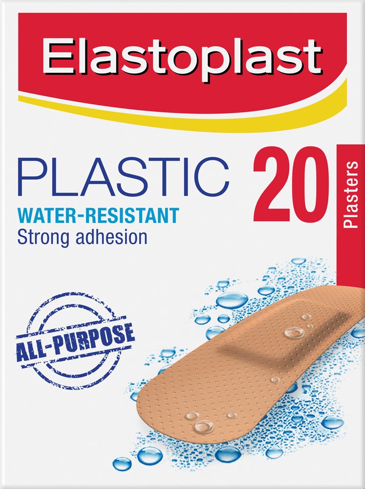 Elastoplast Plastic Water Resistant Plasters (20 Pack) | With Bacteria Shield | All-Purpose First Aid Bandages | Repels Water & Dirt | Strong Adhesion | Breathable Material | Protects Minor Wounds