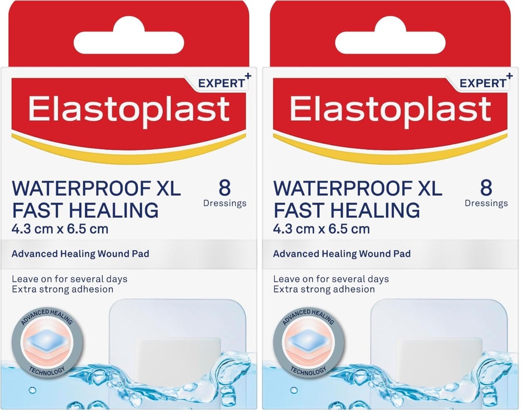 Elastoplast Waterproof XL Fast Healing Wound Dressings 6.5cm x 4.3cm (16 Pack) | Reduces Risk of Scarring | Extra Strong Adhesion | Waterproof Plaster | Protects Wounds from Dirt & Bacteria
