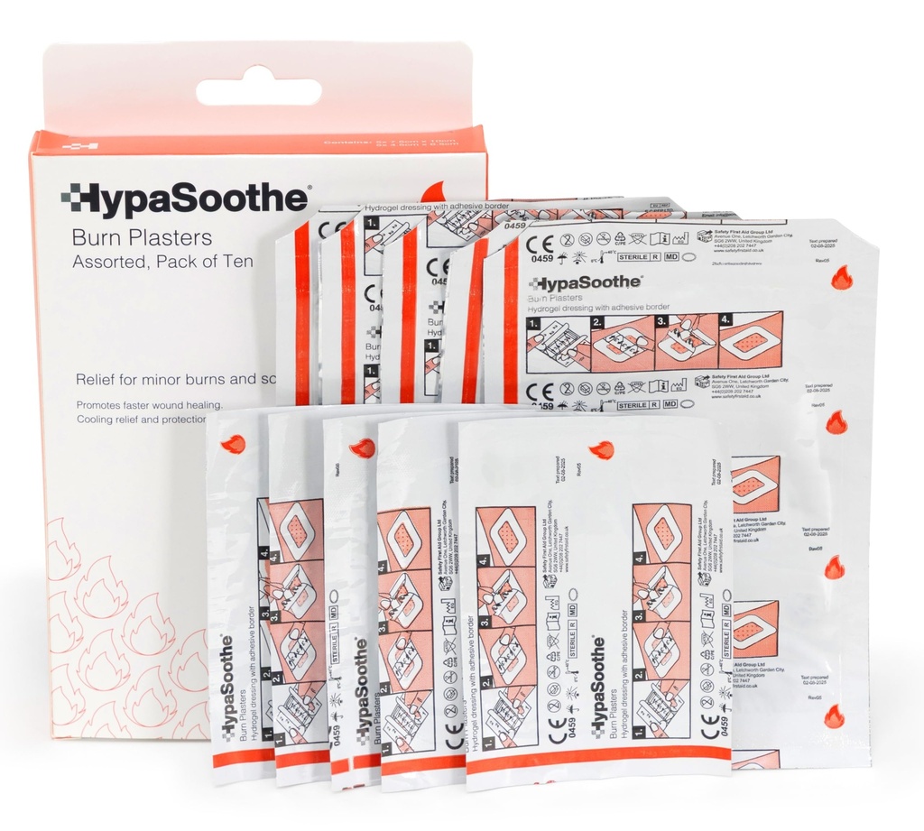 Safety First Aid HypaSoothe Assorted Pack of 10 Burn Plasters | Sterile and Hypoallergenic
