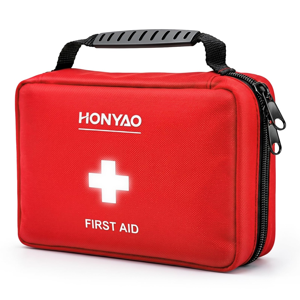 HONYAO® First Aid Kit 220 Pcs, First Aid Bag with Premium Waterproof Nylon Shell, Medical Kit for Home Workplace Car School Outdoor Camping, Includes Plasters, Cold Pack, Emergency Blanket etc. Red