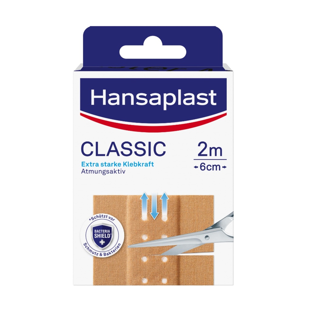 Hansaplast Classic Plaster (2 m x 6 cm), Cut to Size Wound Plasters with Extra Strong Adhesion & Bacteria Shield, Flexible and Breathable Dressing Material
