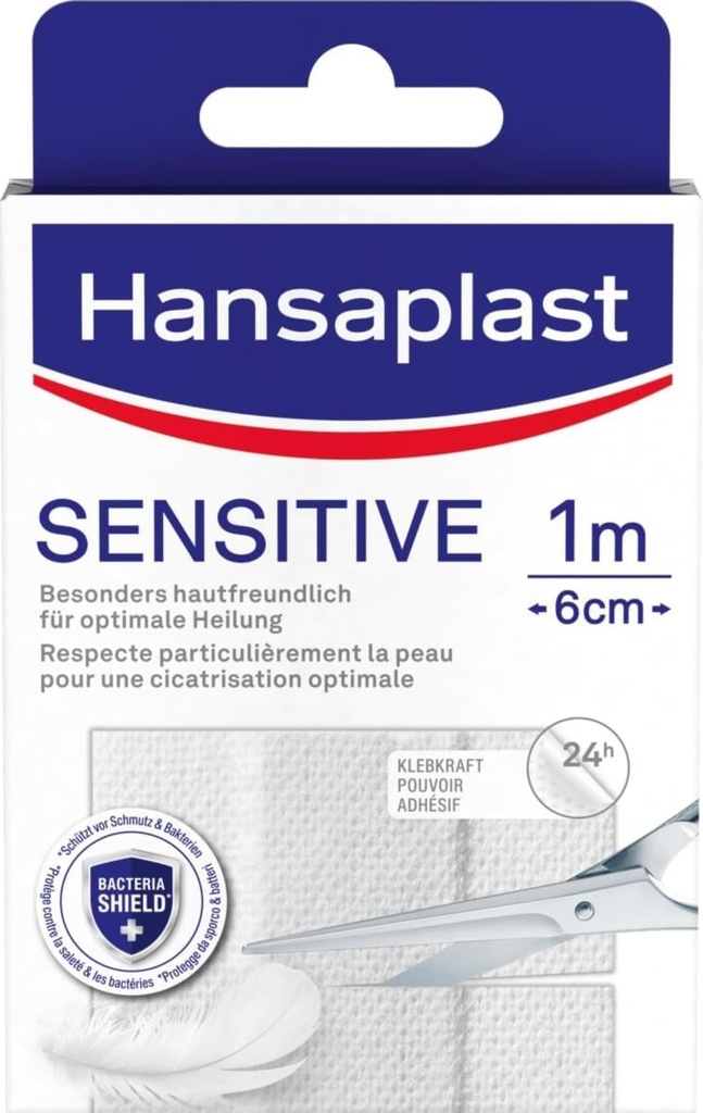 Hansaplast Sensitive Plaster (1 m x 6 cm), Cut to Size and Skin-Friendly Wound Plasters with Bacteria Shield & Secure Adhesion, Painless to Remove Plasters
