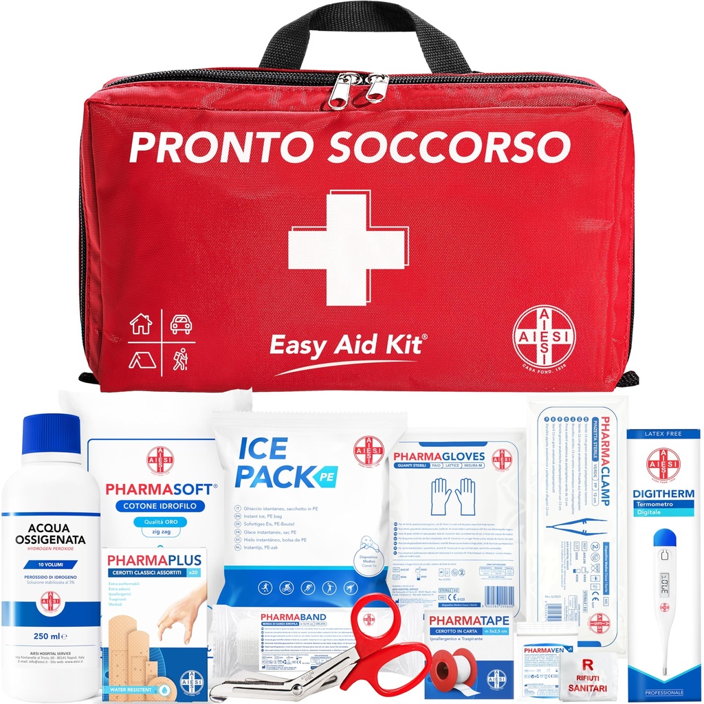 AIESI® Professional First Aid Kit with Thermometer and Disinfectant for Car Home Travel Boat Motorcycle Trekking Easy AID KIT, Complete Emergency Bag for Dressing, Made in Italy