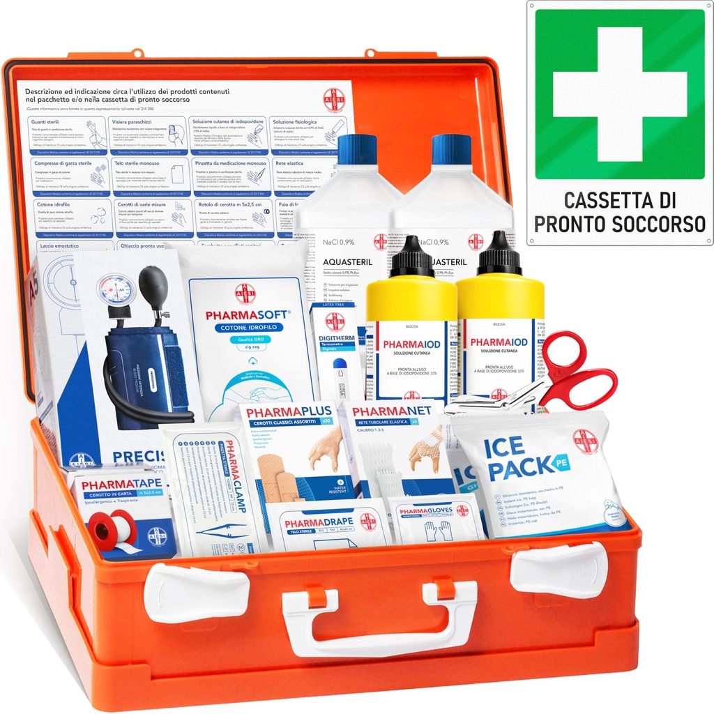 AIESI Medical First Aid Box Attachment 1 with Blood Pressure Monitor for Companies Plus 3 Employees, Aluminium Sign, DM388/DL81 Compliant, Made in Italy