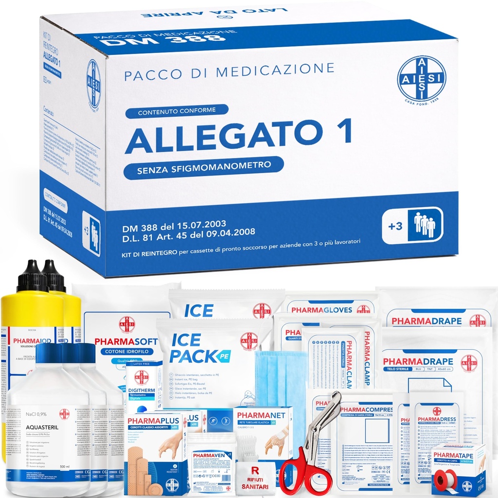 AIESI Replenishment Kit Attachment 1 Without Sphygmomanometer Dressing Pack for First Aid Box Companies Plus 3 Employees, DM388/DL81 Compliant, Made in Italy