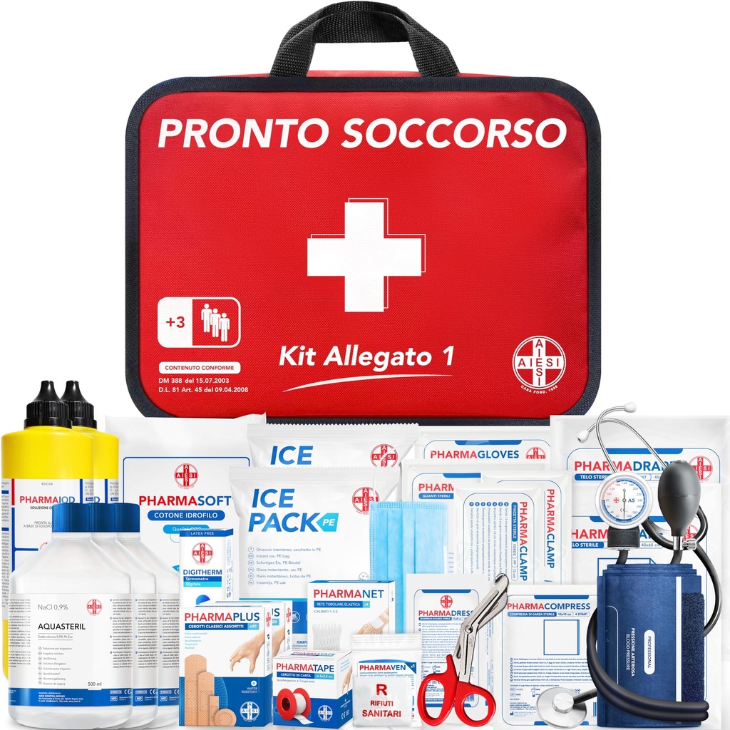 AIESI® Medical First Aid Box (Bag) Attachment 1 with Blood Pressure Monitor for Companies Plus 3 Employees, DM388/DL81 Compliant, Made in Italy