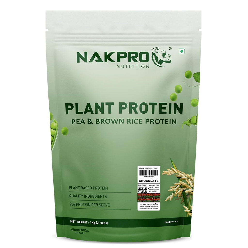 NAKPRO NUTRITION Plant Protein (Pea & Brown Rice Protein) | 1kg - Chocolate | 25.2g Protein | Trustified Certified | All Essential Amino Acids