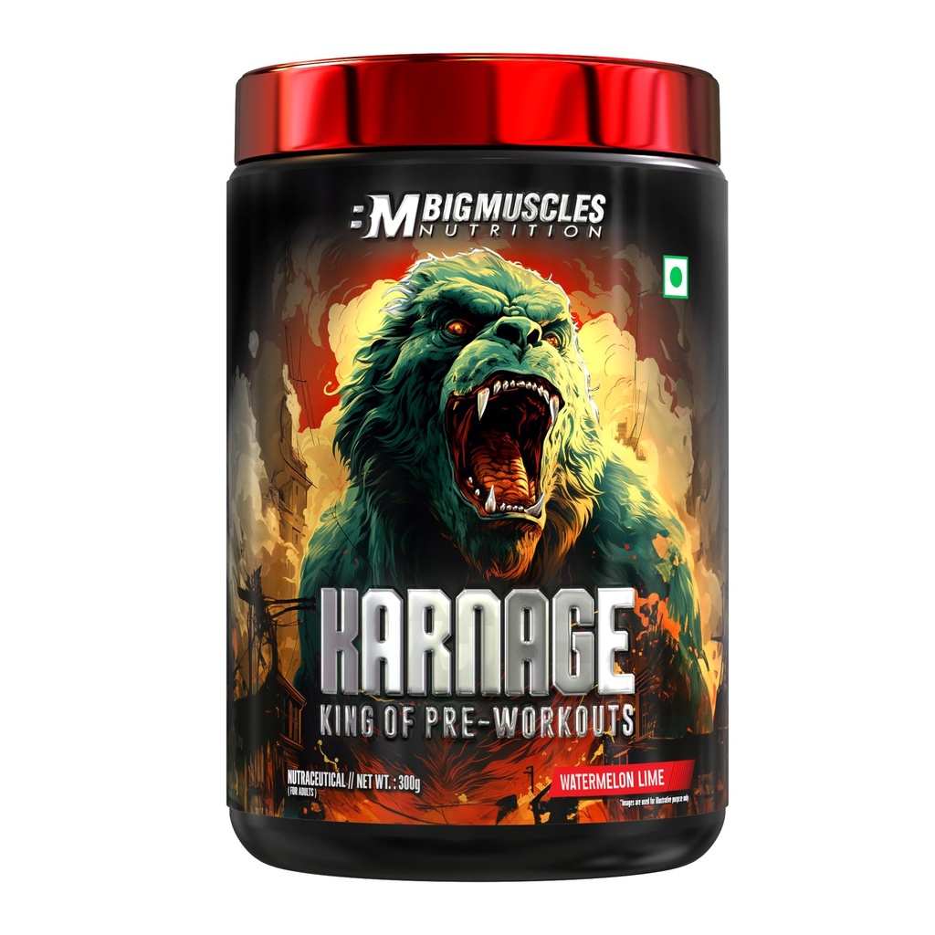 Bigmuscles Nutrition Karnage Preworkout [60 Servings, Watermelon Lime] | | Pre-workout Supplement Supports to Improve Focus, Strength, Energy and Pump, Banned Substance Tested, Dope Free, 300g