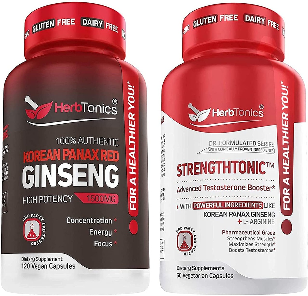 Herbtonics Korean Panax Red Ginseng and Strengthtonic Testosterone Booster for Men Bundle