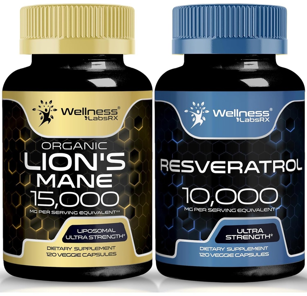 WELLNESS LABSRX Resveratrol Capsules 10000 - Lions Mane Supplement Capsules | Bundle