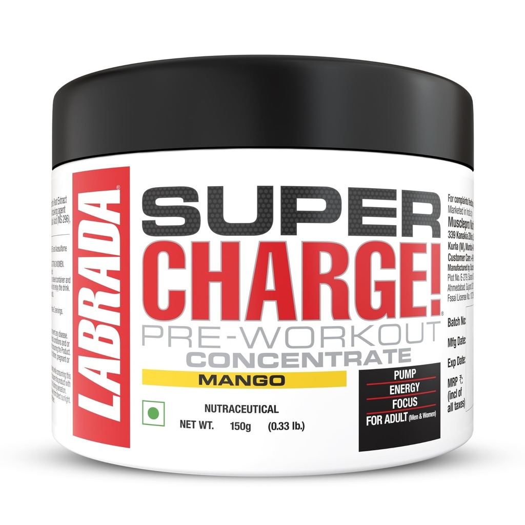 Labrada Super Charge Pre Workout Supplement for Men & Women | Energy, Focus & Muscle Pump Support | Mango Flavour | 150g