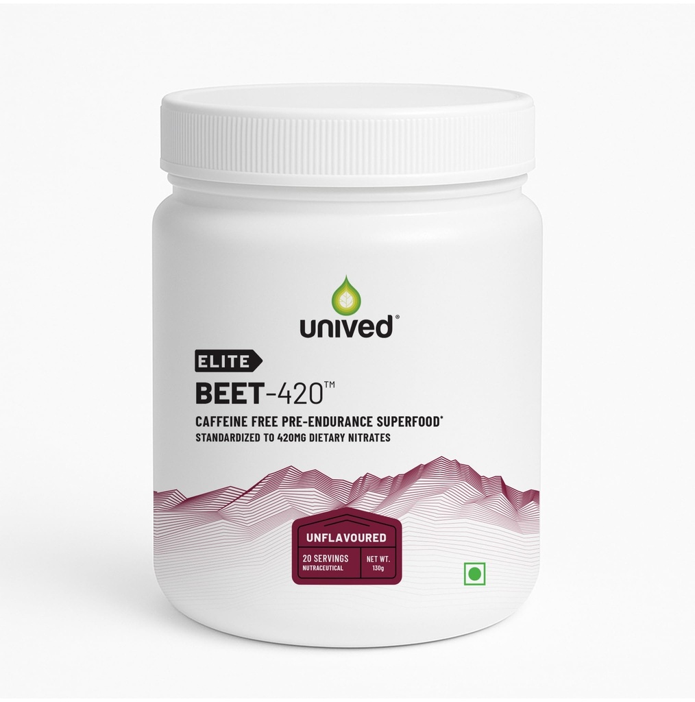 Unived Elite Beet-420 | Beetroot Extract standardized to 6.5% Dietary Nitrate, 420mg Nitrate Per Serving | Endurance Superfood for Athletes | Vegan, Caffeine-Free, Pre-Workout Powder| 20 Servings
