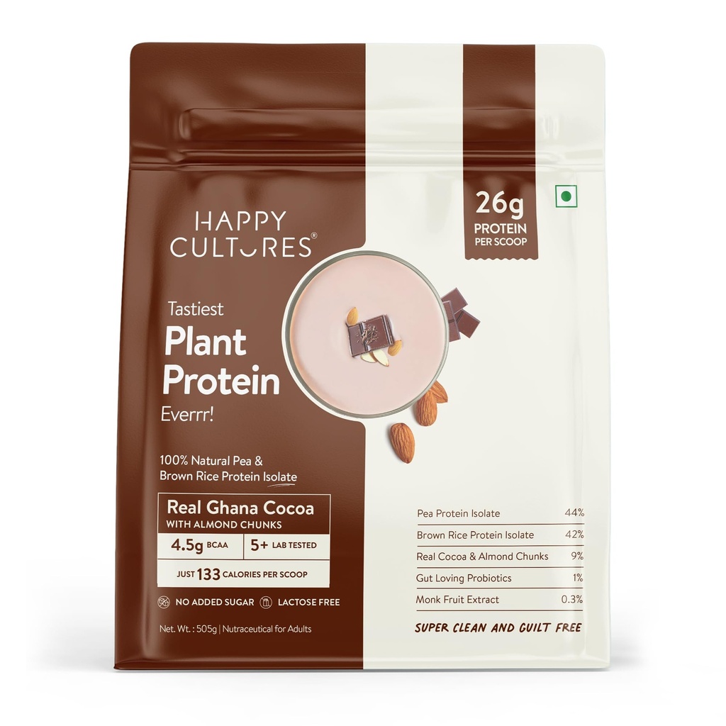 Happy Cultures 26g Tastiest Plant Protein| Chocolate, Almond Chunks & Ashwagandha (KSM 66)| Pea & Brown Rice Protein Isolate| No Added Sugar| Vegan| 20 Complete Amino Acids| Monk Fruit Extract| Women & Men| No Bloating, Easy to Digest| Dairy Free with Probiotics- 505g, Chocolate
