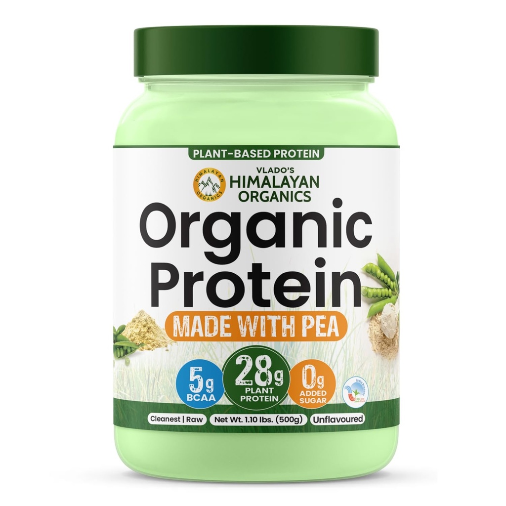 Vlado's Himalayan Organics Organic protein Powder I Plant protein I 28G Protein , 5G BCAA I Made with 100% Organic Pea's I Clean & Vegan Protein I Lab Tested I Fast Absorbing, No Bloating, Easy to Digest | Faster Muscle Recovery I Unflavoured - 500 Grams