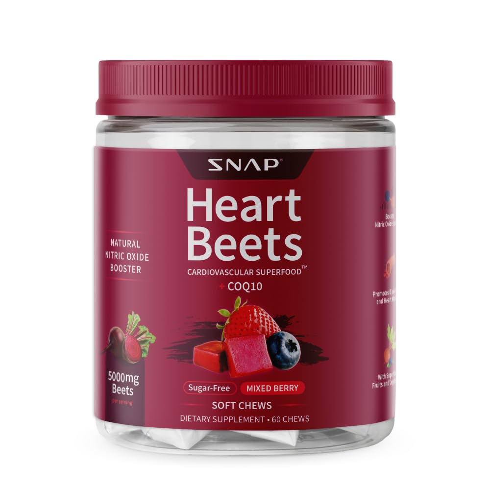 Snap Supplements Beet Root Soft Chews for Adults 35+ and Heart Health Shoppers - Sugar Free, Beetroot Extract with CoQ10, Mixed Berry Flavor, Vegan Formula, 60 Daily Heart Support Chews