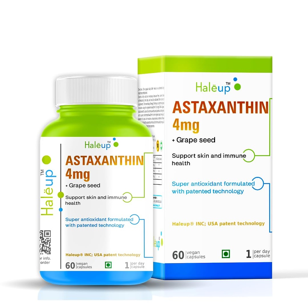 Plant Based Astaxanthin 4 mg with Grape Seed Supplement I 60 Veg Capsules I Supports Eye, Joint & Skin Health I Boosts Immune System
