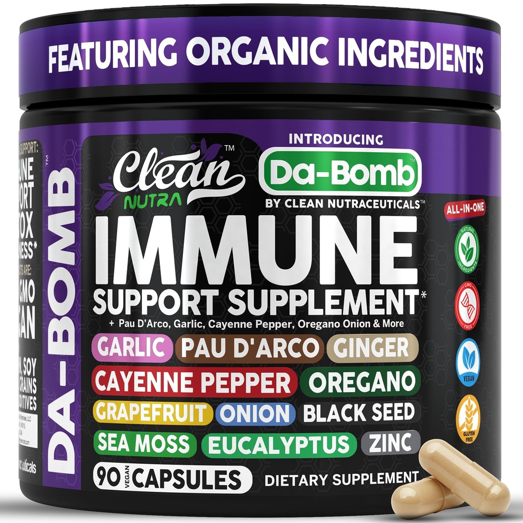 Organic Immune Support with PAU D'Arco Garlic Cayenne Pepper Oregano Ginger Grapefruit Onion Black Seed Sea Moss Black Pepper Zinc Eucalyptus Vitamin C Vitamin D Organic Soursop By Clean Nutra