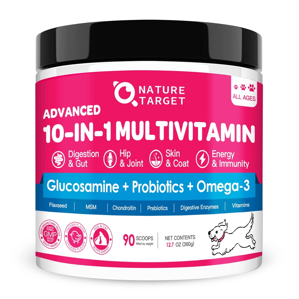 NATURE TARGET Dog Vitamins Powder, Probiotics & Digestive Enzymes for Gut Health, Glucosamine & Chondroitin & Omega 3, Complete Supplement for Homemade Dog Food, Joint & Skin & Immune Support | Probiotics & Digestive Enzymes for Gut Health, Glucosamine & Chondroitin & Omega 3, Complete Supplement for Homemade Dog Food