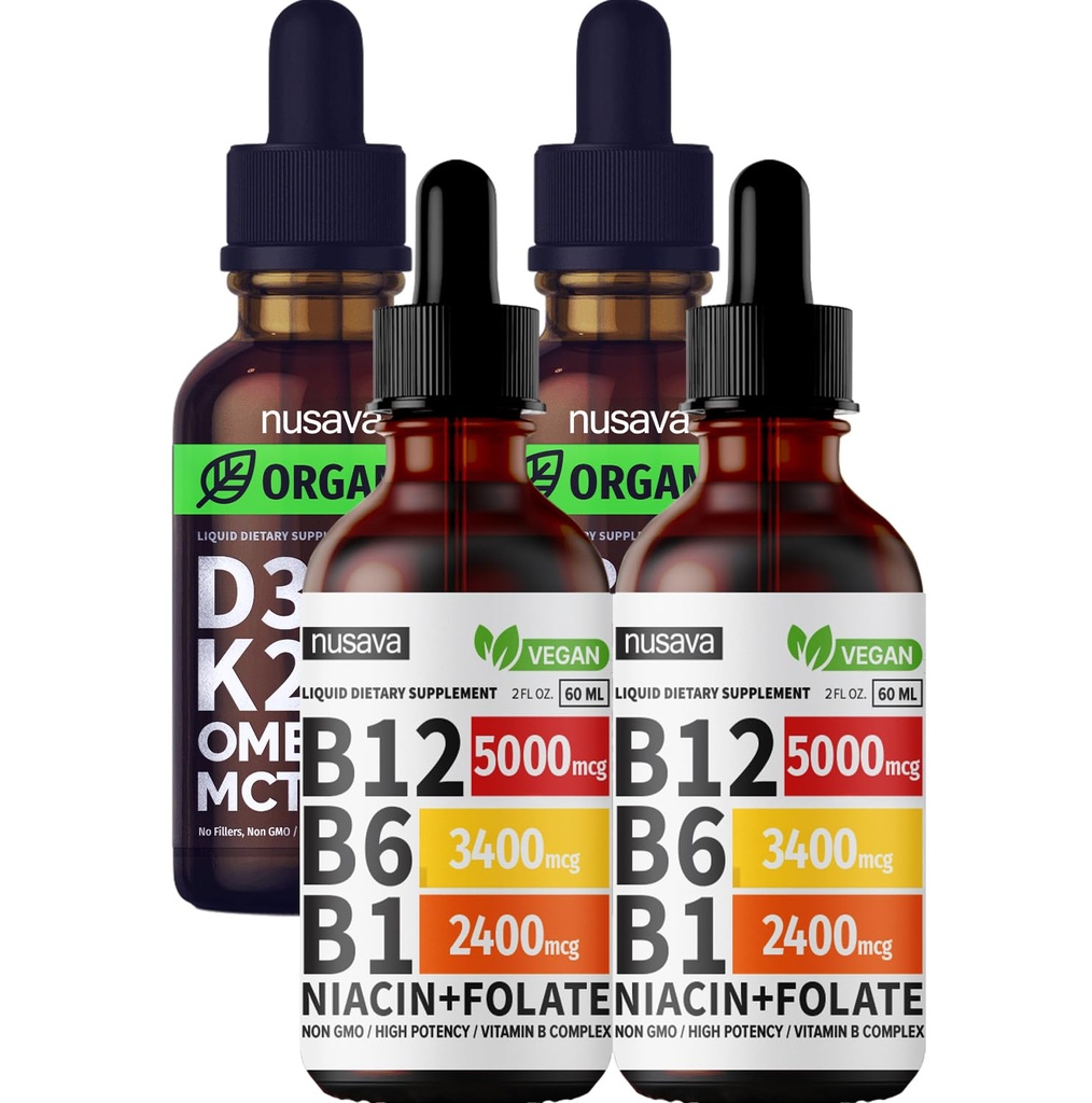 NUSAVA Vitamin B12 Liquid Drops and Unflavored D3 K2 Bundle — Daily Wellness Liquid Vitamins for Energy & Immune Support — Non-GMO, Gluten-Free, 2pk Each