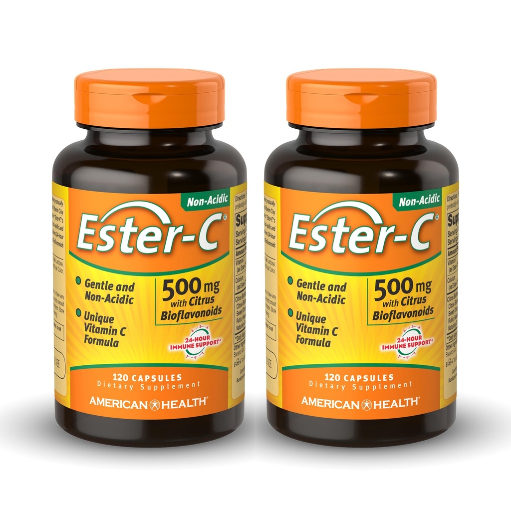 American Health Ester-C 500 mg with Citrus Bioflavonoids - 120 Capsules (Pack of 2) - 24-Hour Immune Support - Non-GMO, Gluten Free - 120 Total Servings