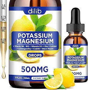 Potassium Magnesium Citrate Supplement, Liquid Magnesium Citrate Drops 500mg with Ashwagandha, Calcium, Zinc, Vitamin D3, B6, B12, CoQ10 - Vegan 2 fl oz Pineapple Flavor