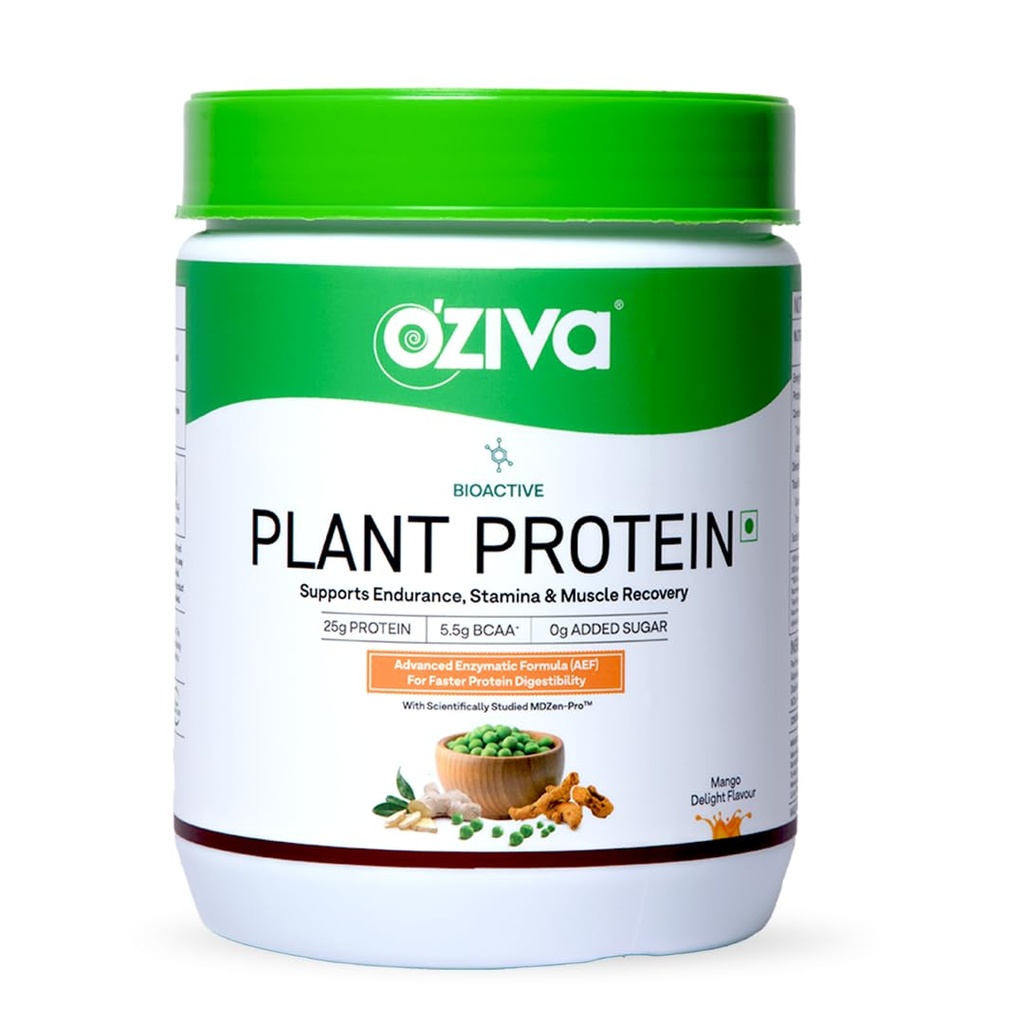 OZiva Bioactive Plant Protein Powder, 5.5g BCAA, Pea Isolate, Mango, 500g