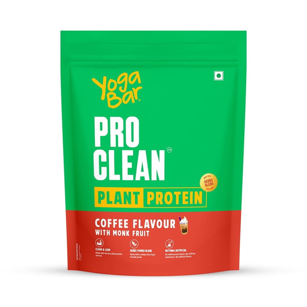 Yogabar Pro Clean Plant Protein | Coffee Flavour with Monk Fruit | 25g Protein per Serving | Clean & Natural Blend | Vegan, No Added Sugar, Gluten-Free | 500g
