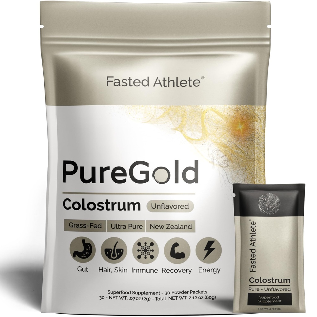 PureGold - Bovine Colostrum Powder - 100% Pure New Zealand Grass Fed, Supports Gut Health, Skin, Hair, & Immunity – Colostrum Supplement, Unflavored, 30 Travel Packets