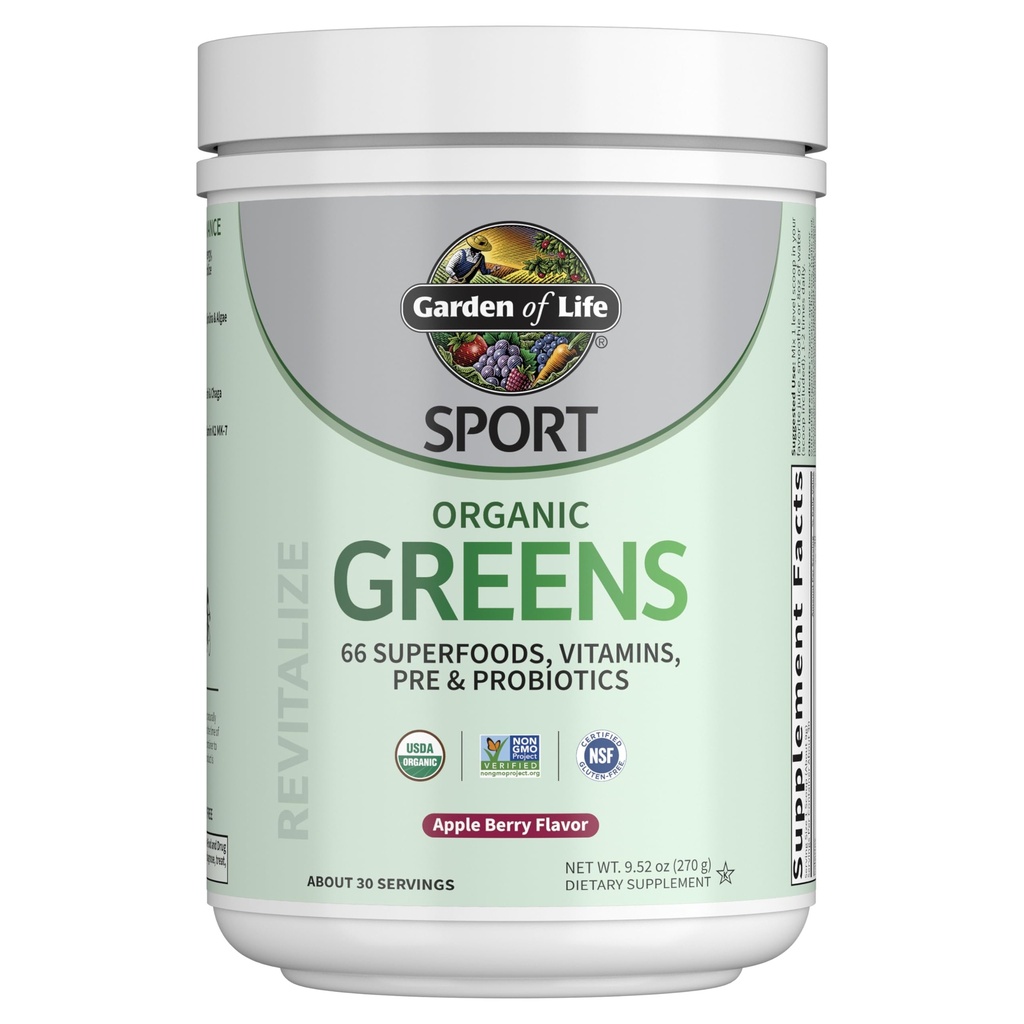 Garden of Life Sport Nutrition Greens and Superfoods Powder for Women and Men - Apple Berry, Organic Blend - Spirulina, Fruit, Vitamins, Pre & Probiotics, Mushrooms, Athletic Supplements, 30 Servings