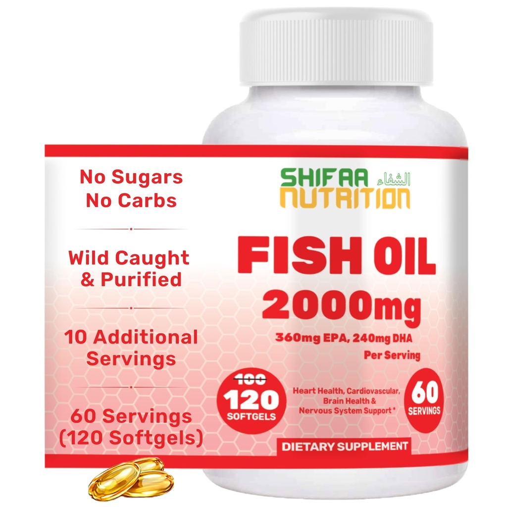 Halal Omega 3 Fish Oil 2000mg - 60 Servings, 120 Softgels. Wild Caught, Purified, Keto Friendly, Non-GMO & Gluten-Free. Brain, Heart & Cardiovascular Support. Burpless Fish Oil Omega 3 Supplements