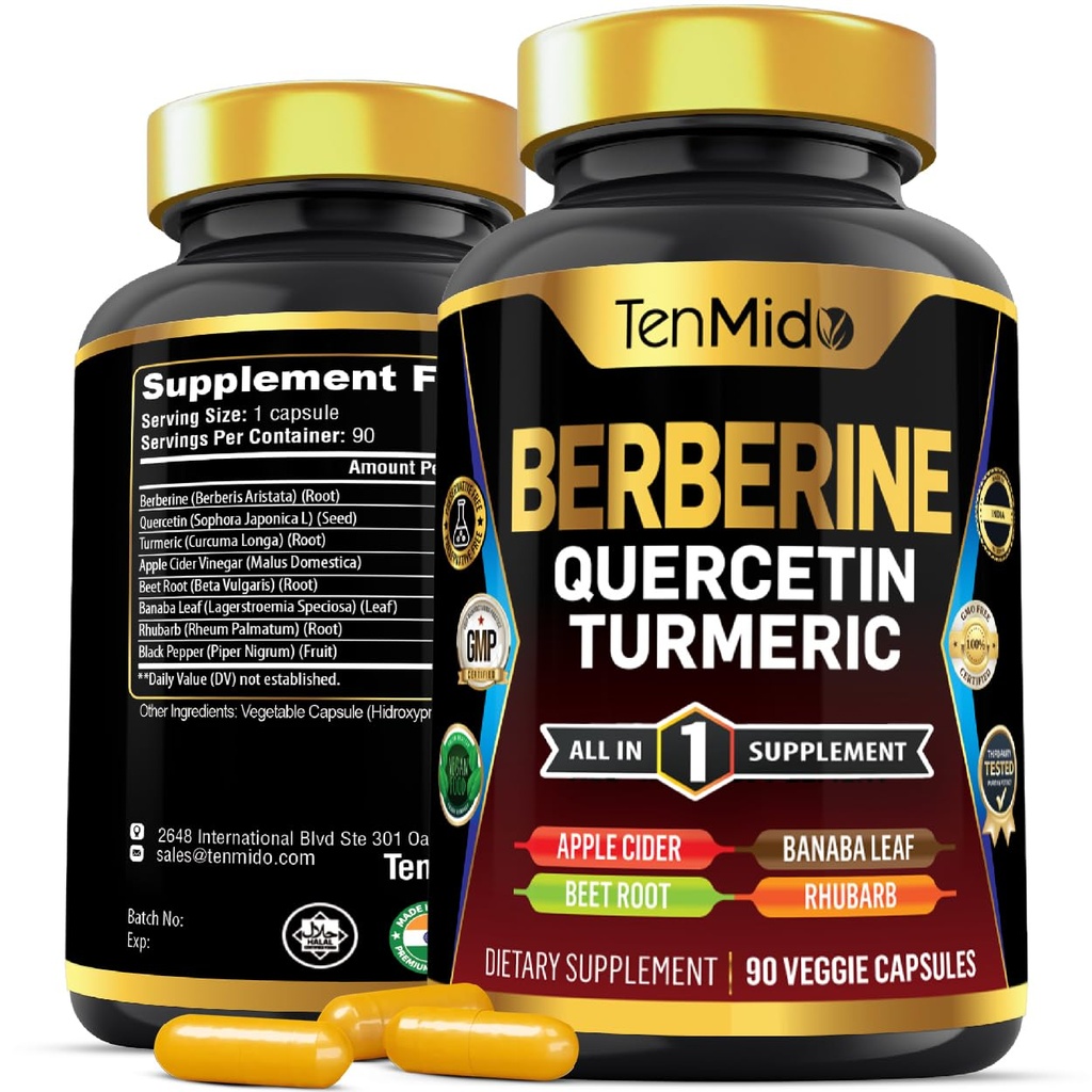 Berberine Supplement for Men and Women, 8in1 Formula with Quercetin, Turmeric, Apple Cider Vinegar, Beet Root & More - Digestive, Immune Support - Rich in Nutrient - 90 Capsules
