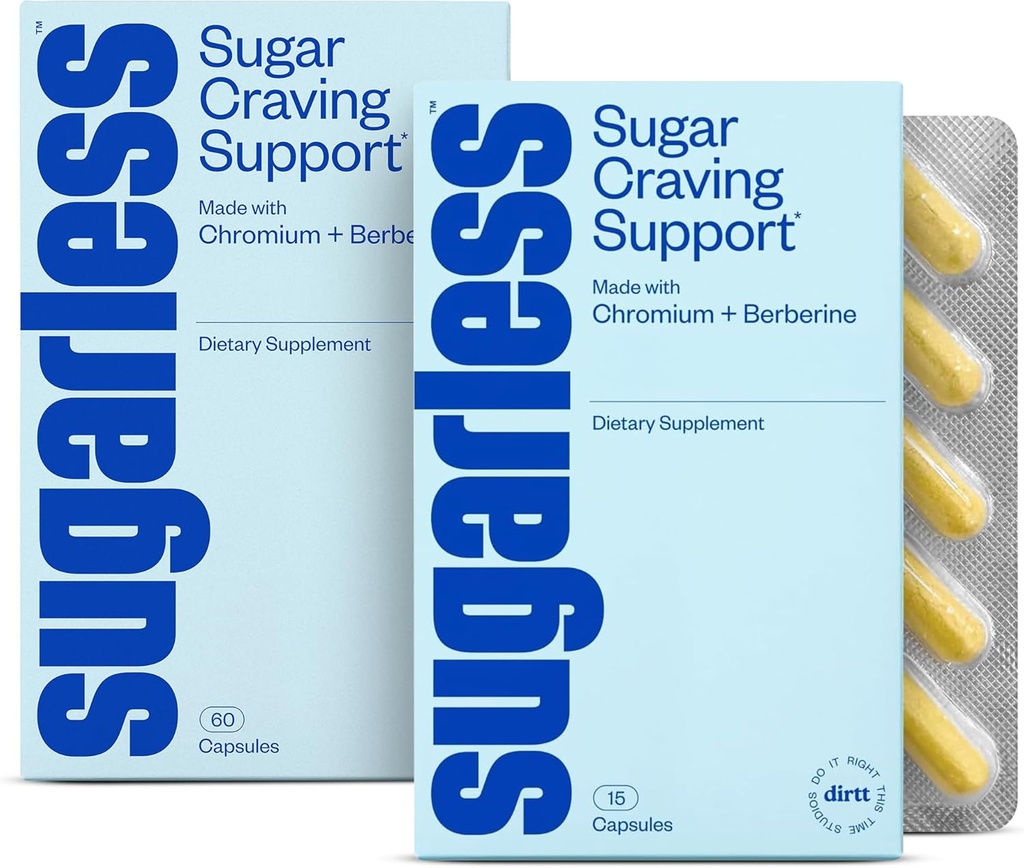 Sugarless Stop Sugar Cravings Supplement Bundle - Natural Craving Blocker with Berberine, Chromium, CoQ10 & L-Theanine - 30 Count & 15 Count Travel Sizes, Non-GMO & Gluten-Free