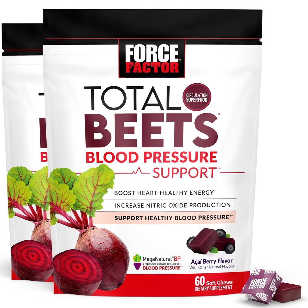 Force Factor Total Beets Blood Pressure Support Chews, Nitric Oxide Supplement with Beet Root Powder & Grape Seed Extract for Heart Health, Acai Berry Flavor, 120 Beet Chews, 2-Pack