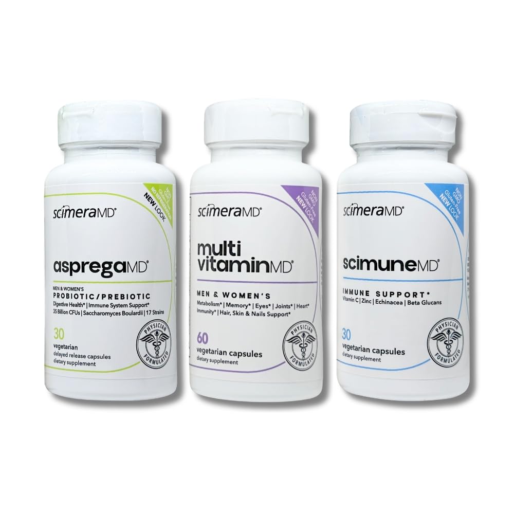 ScimeraMD® AspregaMD 30CT Probiotic + Prebiotic, ScimuneMD 30CT Immune Support and MultivitaminMD Multiminerals for Digestive Health, Immune System Support and Wellness Support