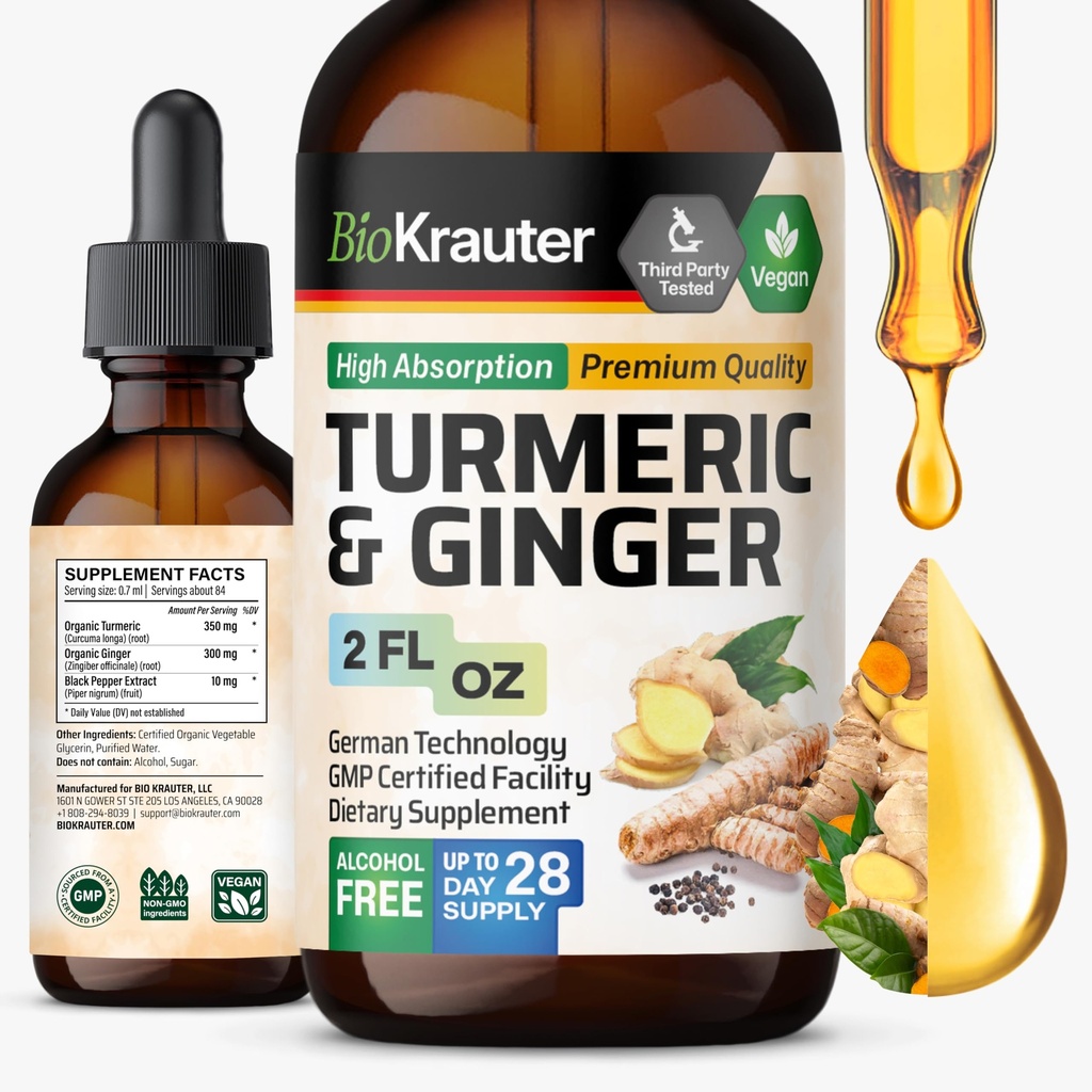 BIO KRAUTER® Turmeric and Ginger Supplement - Pure Vegan Liquid Turmeric & Ginger Tincture with Pepper 2 Fl.Oz 28 Days of Supply - Curcumin Drops for Mobility Support, Antioxidant & Immune Support
