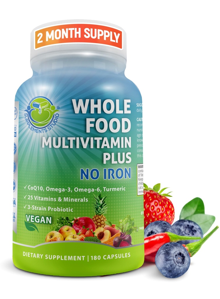 Vegan Whole Food Daily Multivitamin Without Iron, Methylated Multivitamin for Women and Men, Made with Fruits & Vegetables, B-Complex, Probiotics, Enzymes, CoQ10, Omegas, Turmeric, Non-GMO, 180 Count