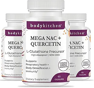 Body Kitchen Mega NAC (N-Acetyl Cysteine) 600 mg with Quercetin, Supports Respiratory Health and Immune Function and Promotes Liver and Kidney Detox, Veggie Caps, (Pack of 3)