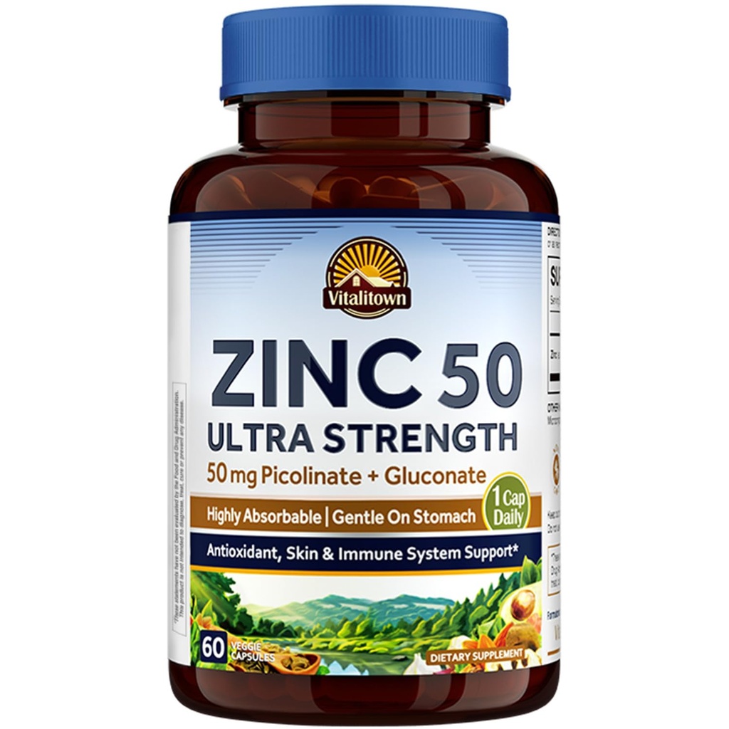 Vitalitown Chelated Zinc 50 mg, Zinc Picolinate & Gluconate, 60 Veggie Capsules, Well-Absorbed, Immune System, Healthy Skin & Development, Vegan, NO Gluten, Non-GMO