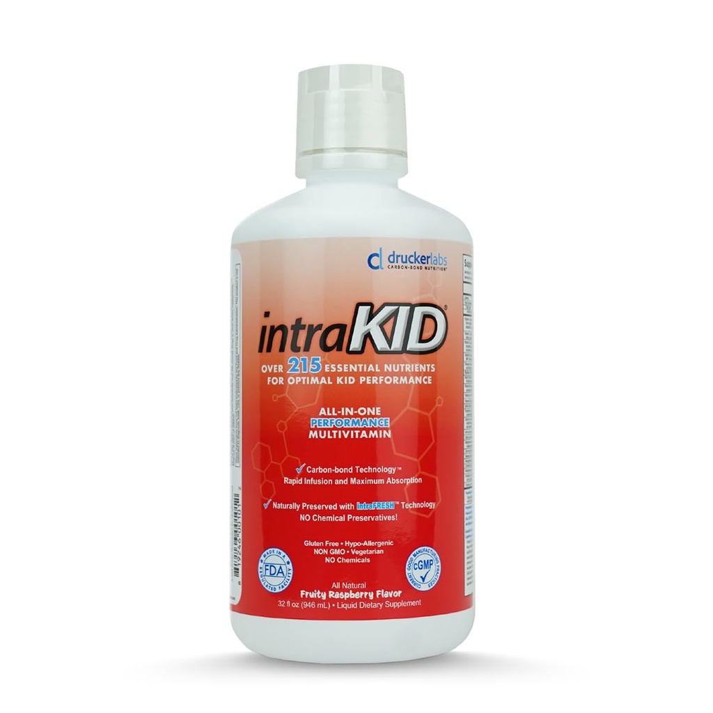 Drucker Labs Organic Liquid Multivitamin for Kids, Immune Support, Non GMO, Dairy Free, Gluten Free, Magnesium, Vitamin A,C,E, Zinc, (32 oz., Fruity Raspberry)