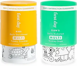 FIRST DAY Multivitamin Gummies Bundle for Kids & Teens – Vitamins A, B, C, D & K + Folate, Magnesium, & Zinc – Made w/Organic Fruits & Veggies, Only 2g Sugar – 2-Pk, 30 Day Supply Each