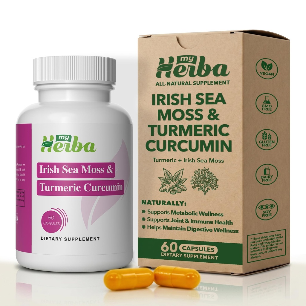 Organic Irish Sea Moss & Turmeric Curcumin Supplement, Vegan Formula with Turmeric Extract (Curcuminoids 95%), Joint Mobility Support, Gut Health, & Daily Wellness for Active Adults, 60 Capsules