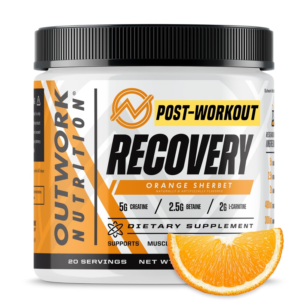 Outwork Nutrition Post Workout Recovery Powder - Creatine Monohydrate, KSM-66 Ashwagandha & Tart Cherry - Speeds Recovery, Eases Soreness - Creatine Powder for Men & Women, Orange Sherbet, 230 Gr