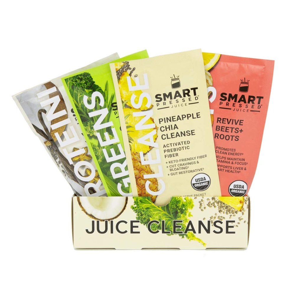 SMART Pressed Juice 1-Day Organic Juice Cleanse | Healthy Detox Program | Vegan Vanilla Protein, Green Juice, Beets Juice & Pineapple Chia Cleanse | High Fiber & Vegan